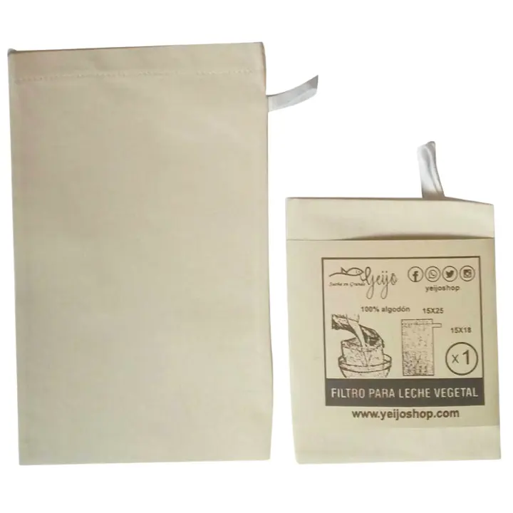 Bolsa o filtro reutilizable hecho en 100% algodón para leche vegetal u otros usos.