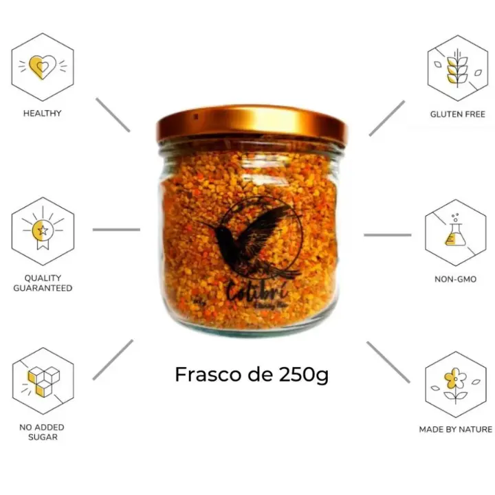 Frasco en vidrio de 250g de Polen Floral marca Colibri Honey Bee
