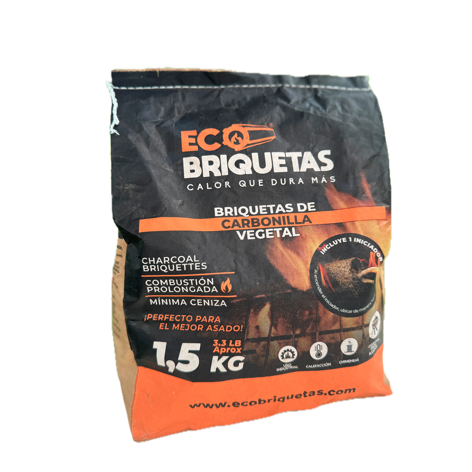 Bolsa de 1.5k de briquetas de carbonilla vegetal y cáscara de coco en forma de cilindros