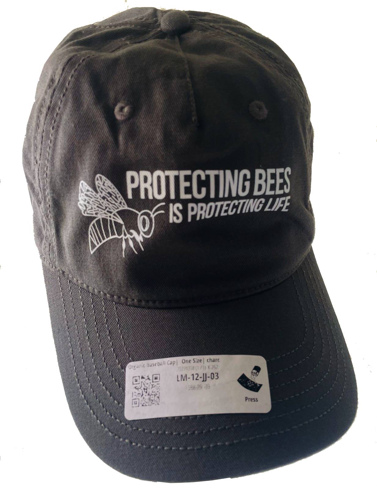 Gorra orgánica gris con ilustración de abeja en algodón 100% orgánico