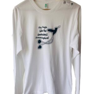 Camiseta unisex blanca de manga larga en algodón orgánico con ilustración del colibrí cola espátula