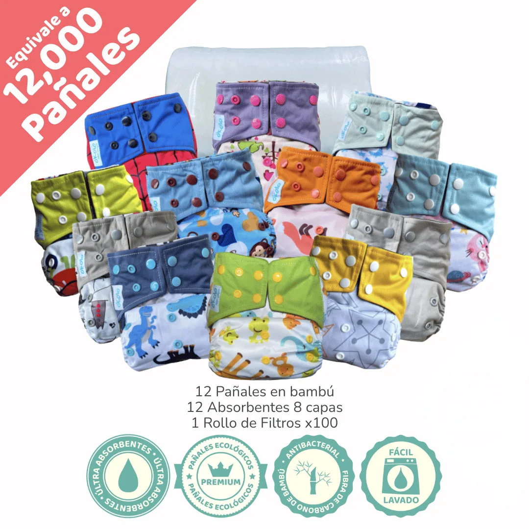 Combo Básico x12 + filtros de pañales ecológicos reutilizables de bambú Okolo