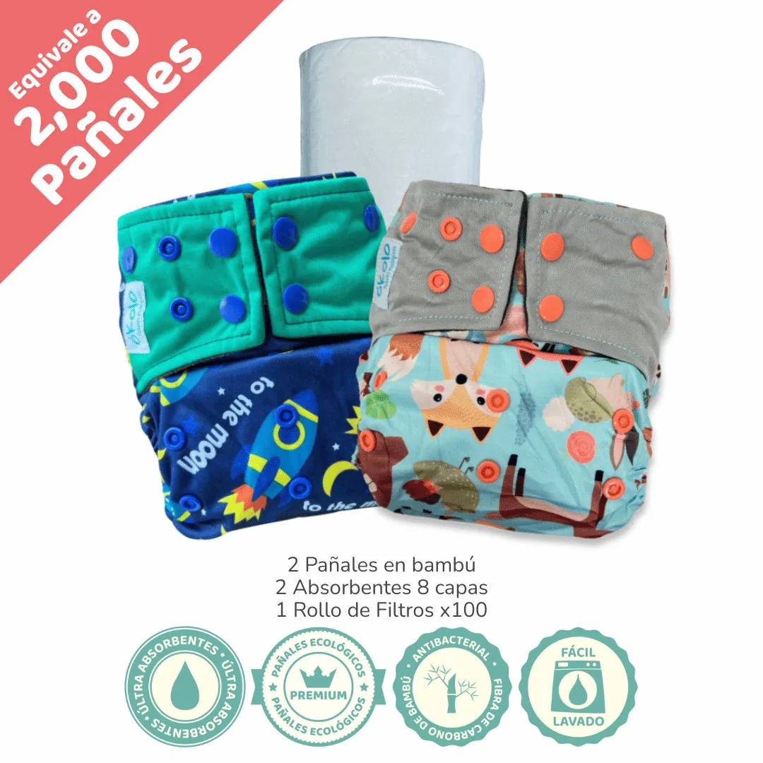 Combo Básico x2 + filtros de pañales ecológicos reutilizables de bambú Okolo