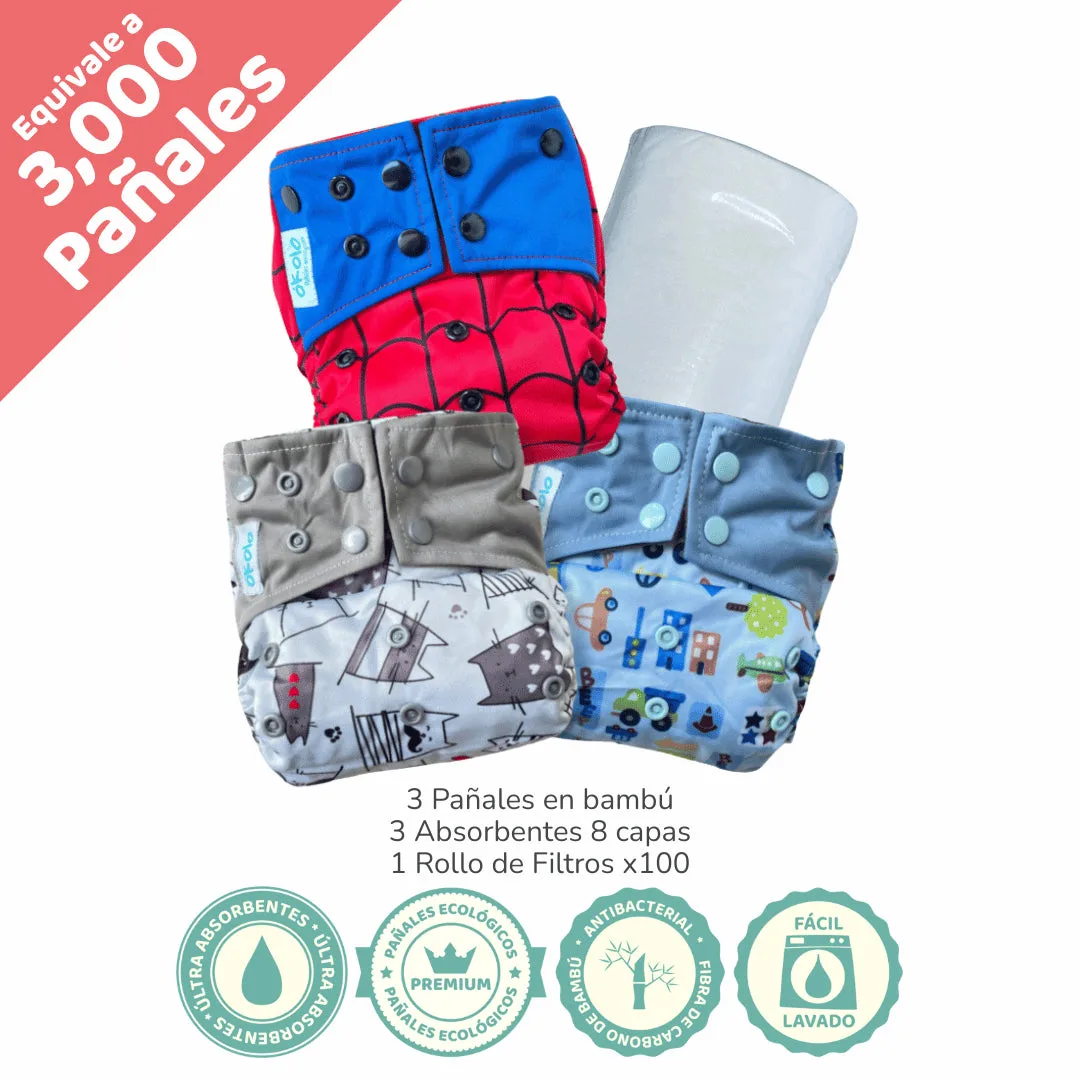 Combo Básico x3 + filtros de pañales ecológicos reutilizables de bambú Okolo