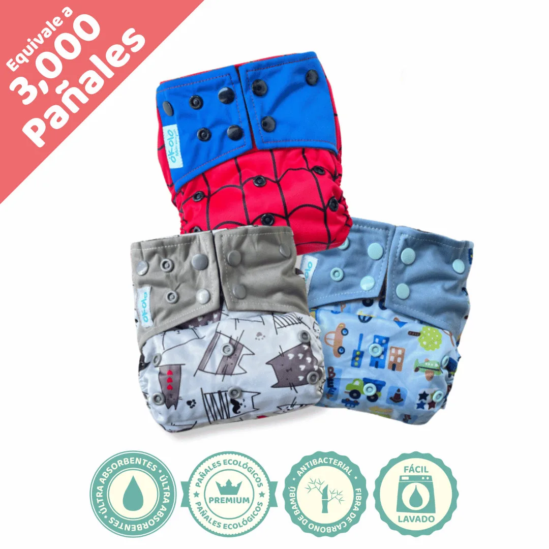 Combo Básico x3 de pañales ecológicos reutilizables de bambú Okolo