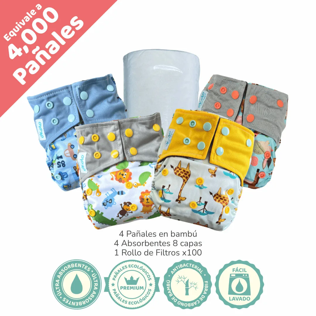 Combo Básico x4 + filtros de pañales ecológicos reutilizables de bambú Okolo