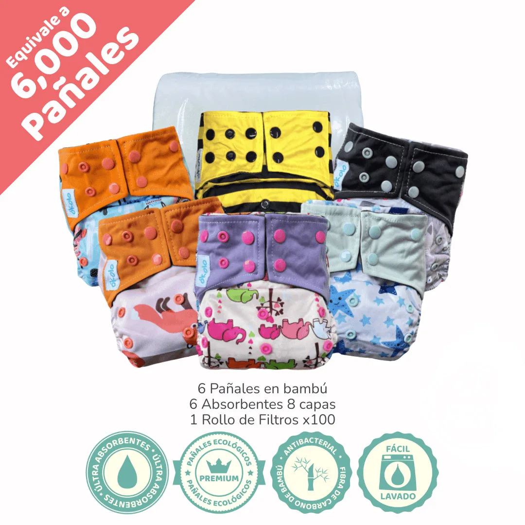Combo Básico x6 + filtros de pañales ecológicos reutilizables de bambú Okolo