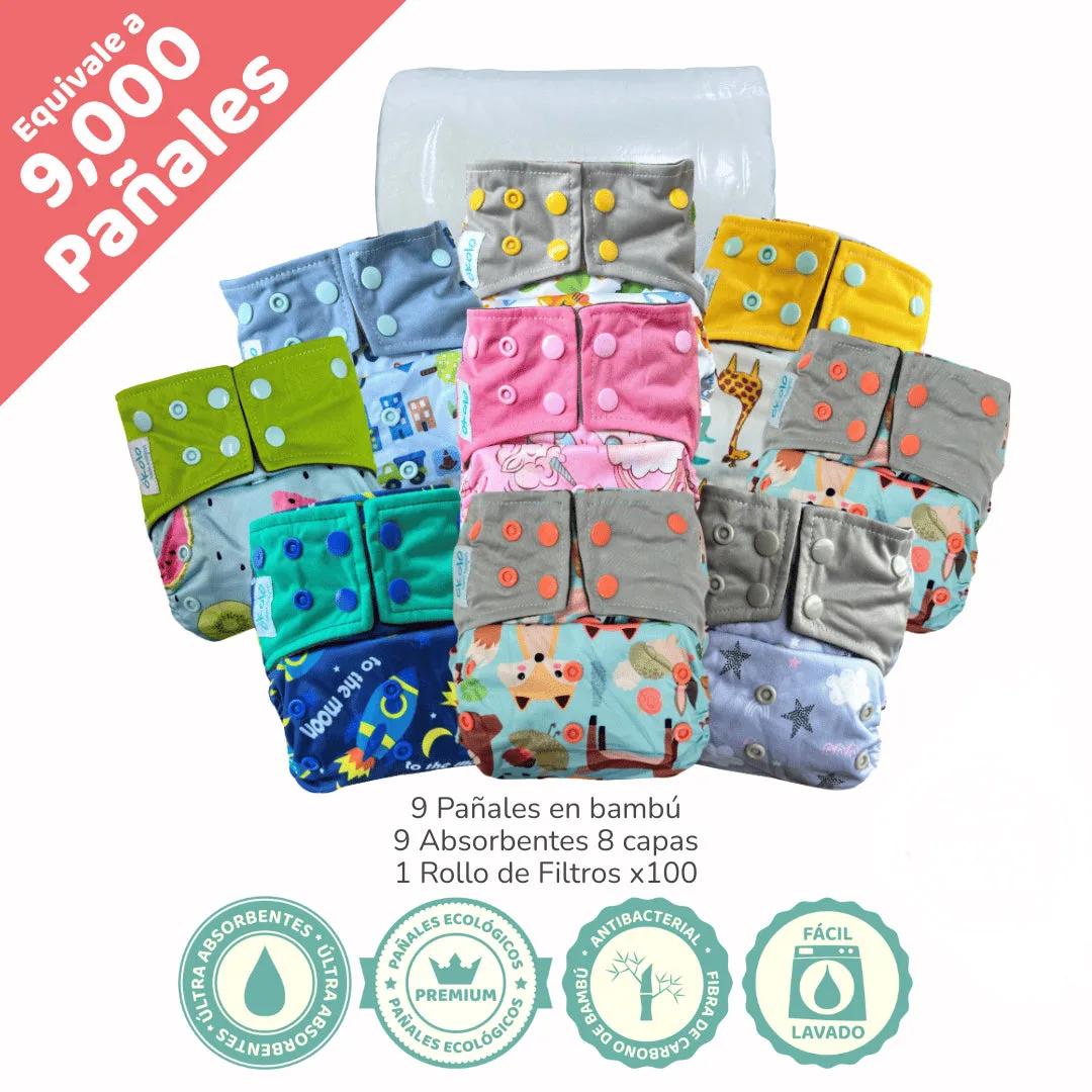 Combo Básico x9 + filtros de pañales ecológicos reutilizables de bambú Okolo