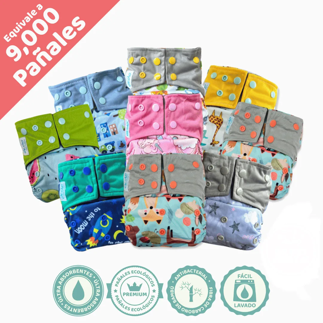 Combo Básico x9 de pañales ecológicos reutilizables de bambú Okolo