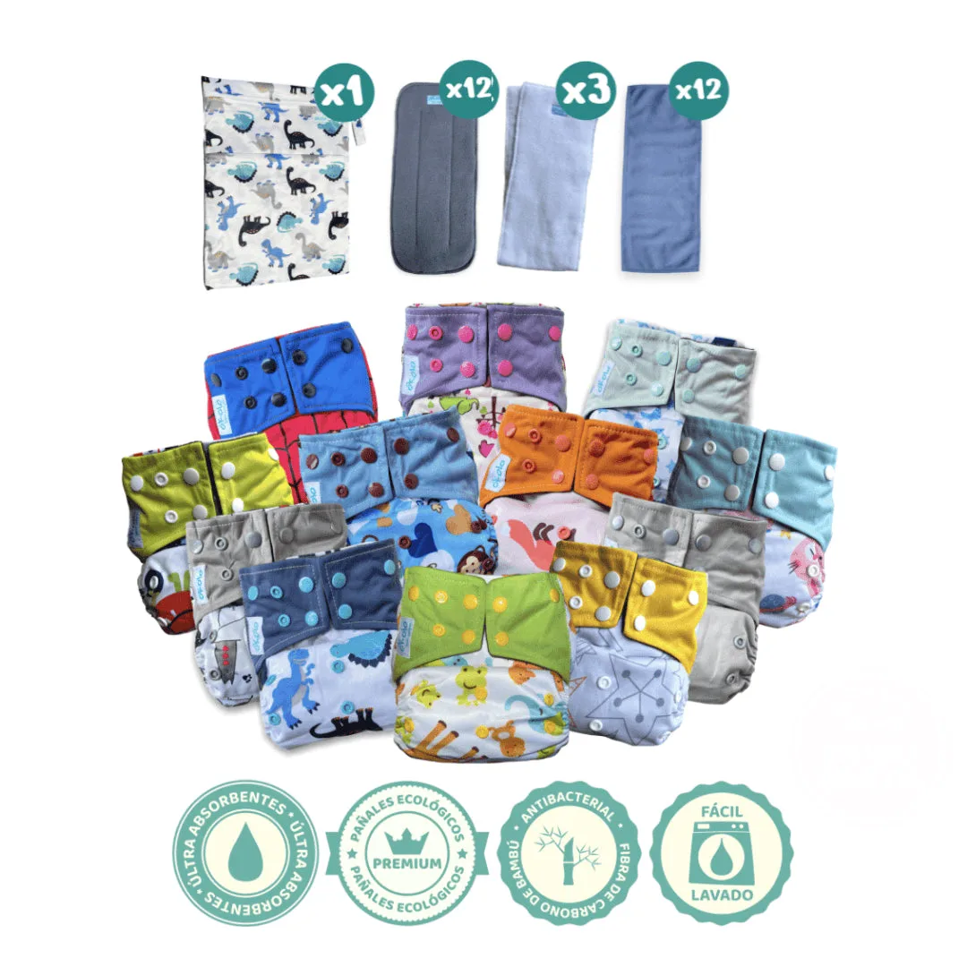 Combo Completo x12 de pañales ecológicos reutilizables de bambú Okolo