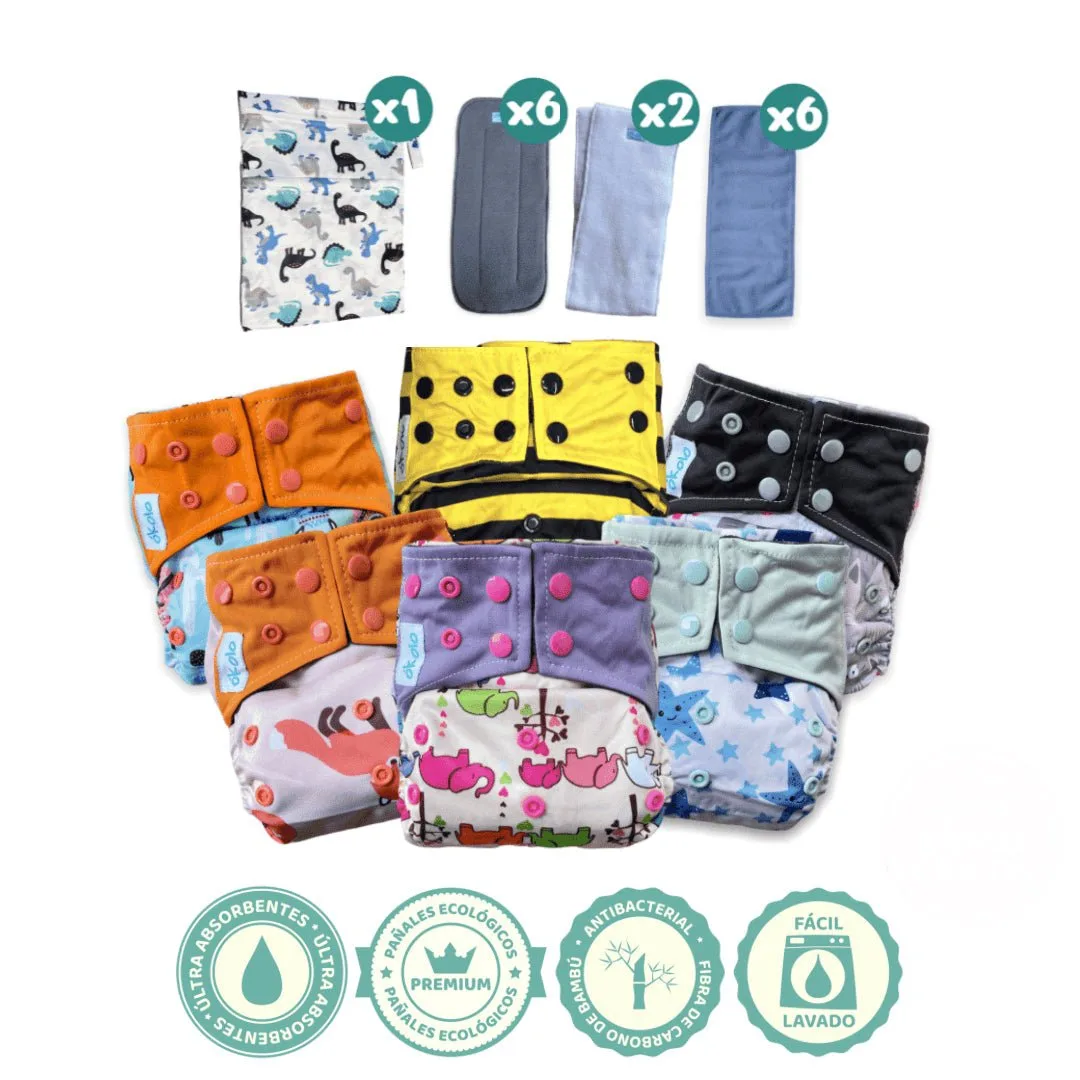 Combo Completo x6 de pañales ecológicos reutilizables de bambú Okolo