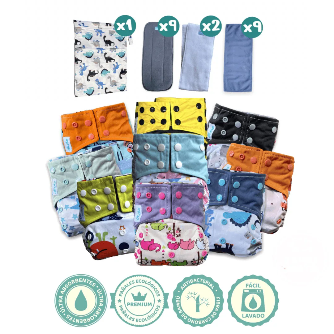 Combo Completo x9 de pañales ecológicos reutilizables de bambú Okolo