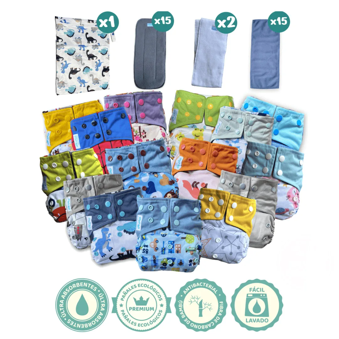 Combo Ideal x15 de pañales ecológicos reutilizables de bambú Okolo