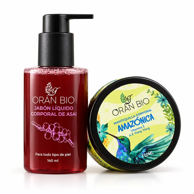 Kit de cuidado corporal Orán Bio: jabón líquido corporal de asaí 140 ml y mantequilla corporal Amazónica 100 ml