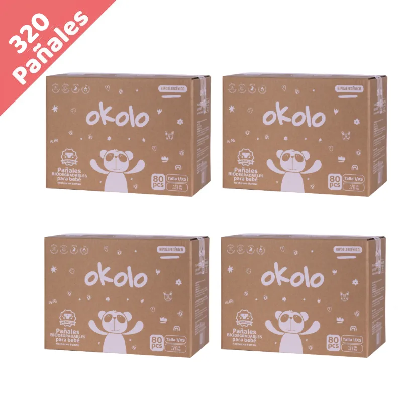 Pañales desechables biodegradables de bambú Okolo Etapa 1 · XS (3 a 4,5 kg), 320 unidades