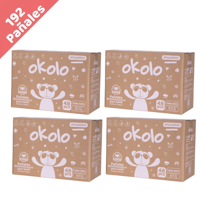 Pañales desechables biodegradables de bambú Okolo Etapa 5 · XL (12 a 17 kg), 192 unidades