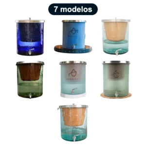 Purificador de agua en vidrio Agualogic en 7 modelos: azul cobalto, azul cobalto mate, corrugado, corrugado selva verde, corrugado mate, corrugado mate verde y espiral