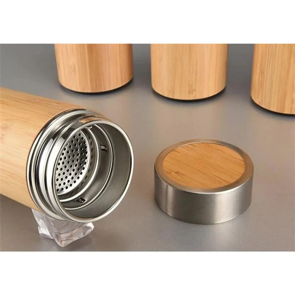 Termo de bambú con interior de acero inoxidable e infusor